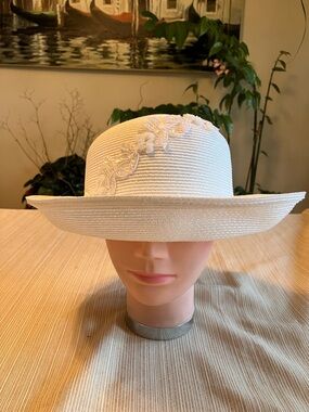Elegant White Satin Ribbon Hat with White Sequined Beaded Floral Appliqué